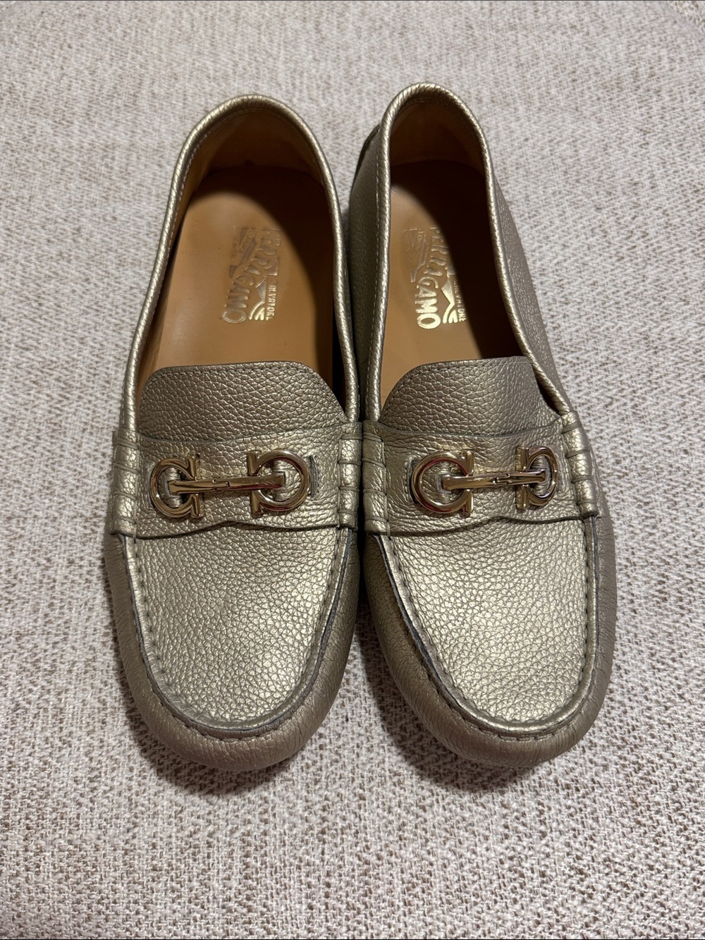 Salvatore Ferragamo Metallic Gold Leather Gancini Bit Loafers